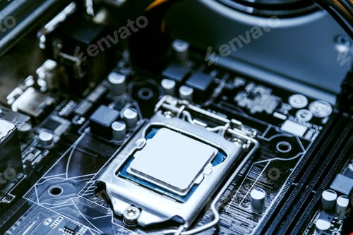 Preview: Motherboard of a personal computer, processor close-up. Modern technologies, computer architecture