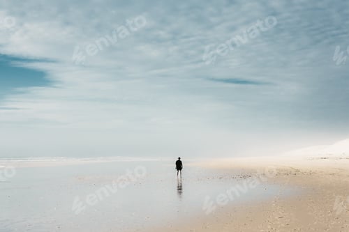 Preview: Human on sand beach near water and cloudy sky