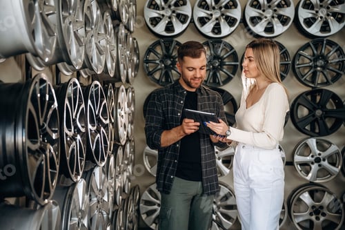 Preview: Male worker with woman in the car maintenance room, holding digital tablet, reading it