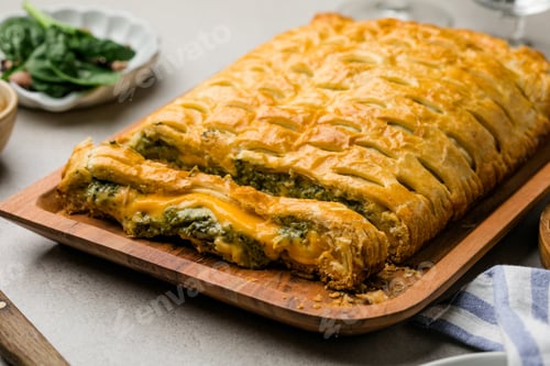 Preview: French home cooking. Casserole. Pie. quiche lorraine from puff pastry with cheese, fish and spinach.