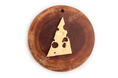 Preview: Piece of cheese with holes on cutting board isolated on white, top view, copy space