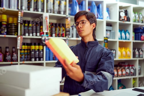 Preview: Mechanic holding new air filter in auto parts store