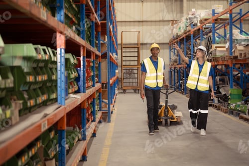 Preview: Two warehouse workers pushing a pallet truck in a shipping and distribution warehouse.