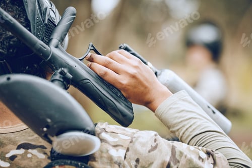 Preview: Man in paintball game, gun and sports, fitness and battlefield challenge, war and soldier outdoor.