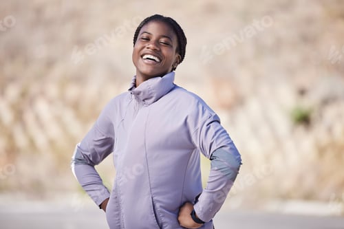 Preview: Fitness, exercise and portrait of black woman on mountain happy with marathon training, workout and