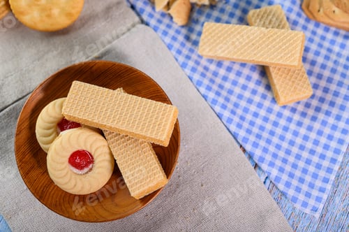 Preview: Stack many types of cookies on a plate and put on a wooden table.