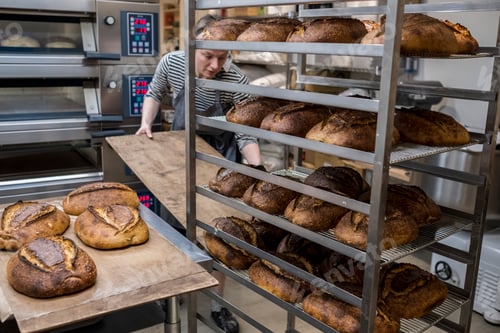 Preview: Artisan bakery making special sourdough bread, racks of baked bread with dark crusts.