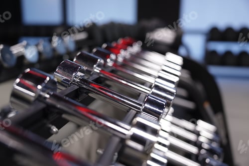 Preview: Many metal dumbbells on stand in gym, closeup