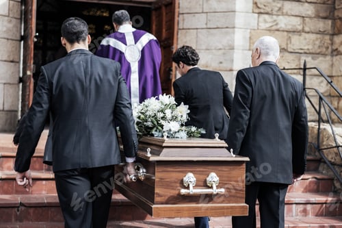 Preview: Death, funeral and holding coffin in church for grief, bereavement and with family together on step