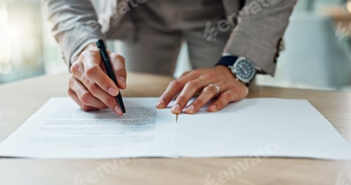 Preview: Business, hands and writing signature on contract or legal documents for application or agreement i