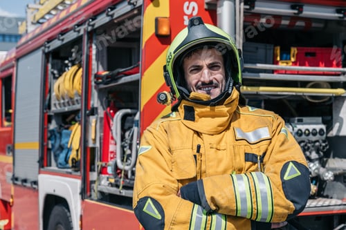 Preview: Firefighter smiling with arms crossed in front of firetruck at fire station