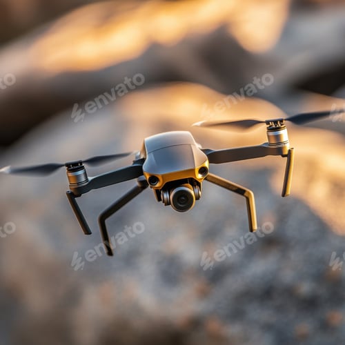 Preview: Professional camera drone hovering with its landing gear deployed
