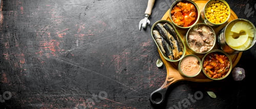 Preview: Canned food on a round cutting Board.