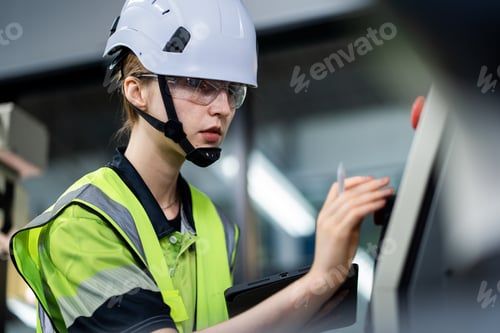 Preview: A woman wearing a yellow and black safety vest is working on a computer