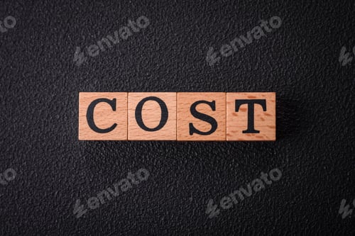 Preview: The inscription cost in wooden cubes on a dark concrete background