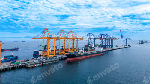 Preview: crane loading cargo container from truck to container ship in the international