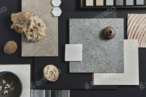 Preview: Flat lay composition of creative black architect moodboard