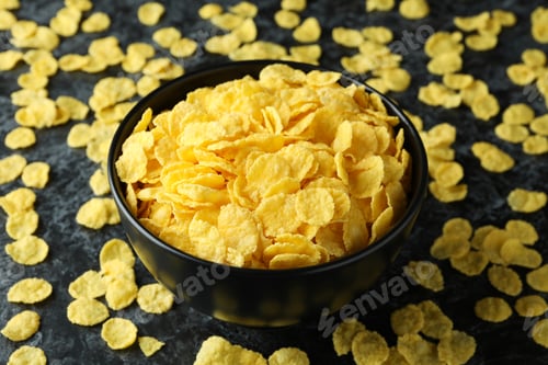 Preview: Bowl of cornflakes and sprinkled cornflakes on black smokey background