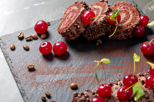 Vorschau: Chocolate roll cake with cream and cherries.