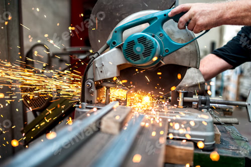Preview: industrial worker using a compound mitre saw with circular blade