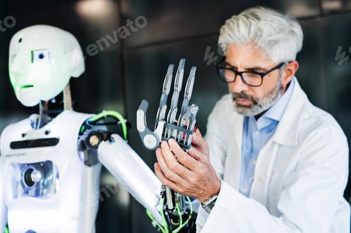 Preview: Mature businessman or scientist with a robot.