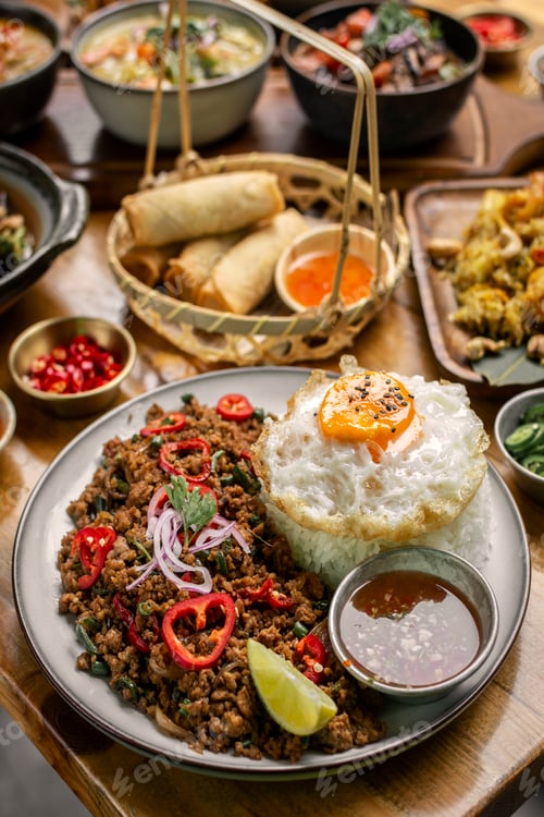 Preview: Pad Kra Pao Pork and Holy Basil Stir fry thai food meal on table at restaurant in thailand