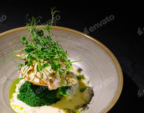 Preview: Delicate seafood dish with vibrant greens presented in elegant bowl