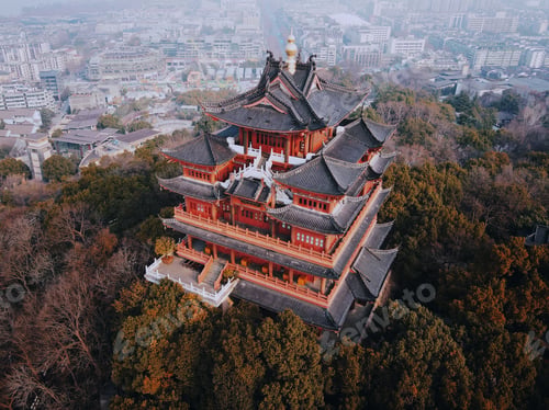 Preview: Aerial view of Chenghuang Pagoda (City God pavilion) in Hangzhou, China