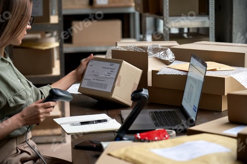 Preview: Female seller scanning ecommerce shipping box in dropshipping warehouse.