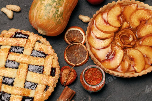 Preview: Berry tart pie and apple tart pie on black background