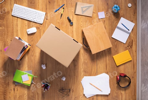 Preview: Study supplies and accessories on wooden floor background. Study learning concept