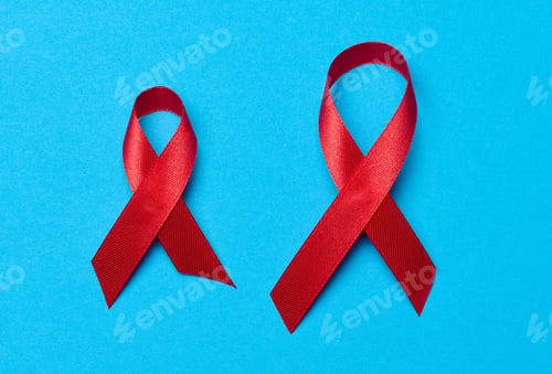 Preview: A silk red ribbon in the form of a bow on a blue background, a symbol of the fight against AIDS