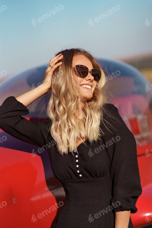 Preview: Glamorous woman posing on plane background