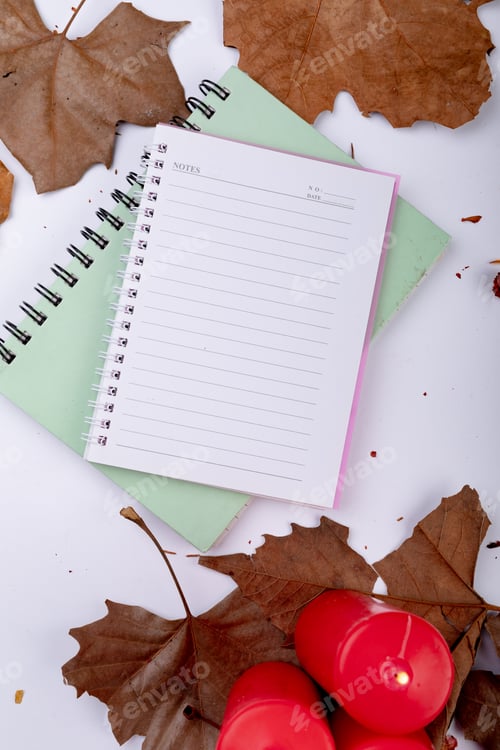Preview: Composition of halloween decoration with leaves and notebook with copy space on white background