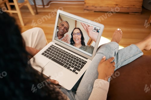 Preview: Video call, laptop screen and woman wave on home sofa for communication, contact or hello. Smile, v