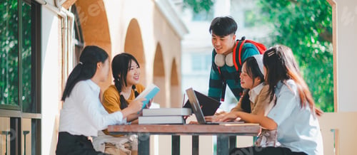 Preview: group of students young university students consulting doing homework