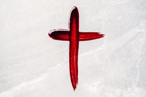 Preview: Christian cross painted with blood. Passion, crucifixion of Jesus Christ. Gospel, salvation concept