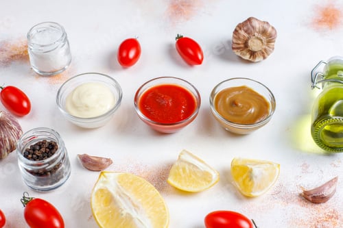 Preview: Homemade ketchup,mustard and mayonnaise sauce.