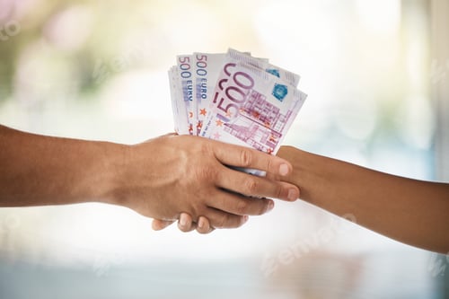 Preview: Hands, corruption and business people shaking hands with euros for bribe, illegal deals or loan. Ca