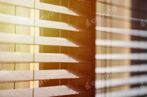 Preview: Office blinds. Modern wooden jalousie. Office meeting room lighting range control.