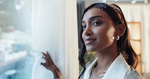 Preview: Indian woman, happy or glass in home with thinking or positive, idea or planning for work. Female t