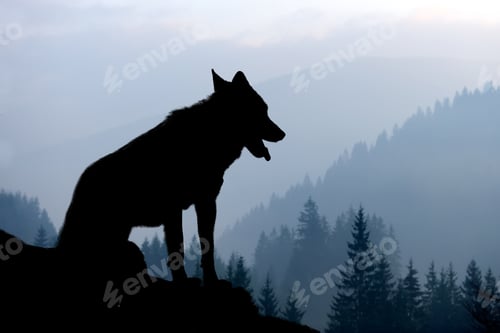 Preview: Wolf silhouette on mountains background