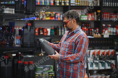 Preview: Customer choosing motor oil in auto parts store