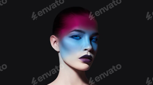 Preview: Bright strict beauty makeup woman with shadow on face in blue and red tones. Perfectly clean skin