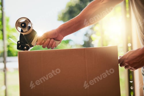 Preview: The very last box...Closeup shot of an unrecognizable man closing a cardboard box with tape.