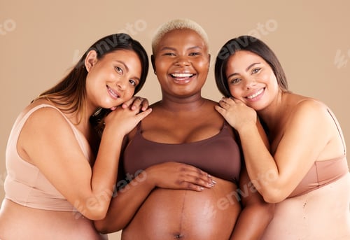 Preview: Portrait, beauty and happy with pregnant friends in studio on a beige background for diversity or m