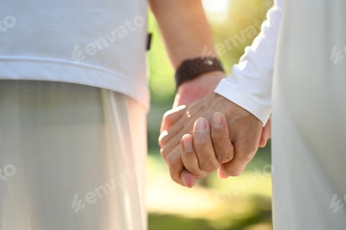 Preview: Close up of elderly couple holding hands while walking in the nature during sunrise.