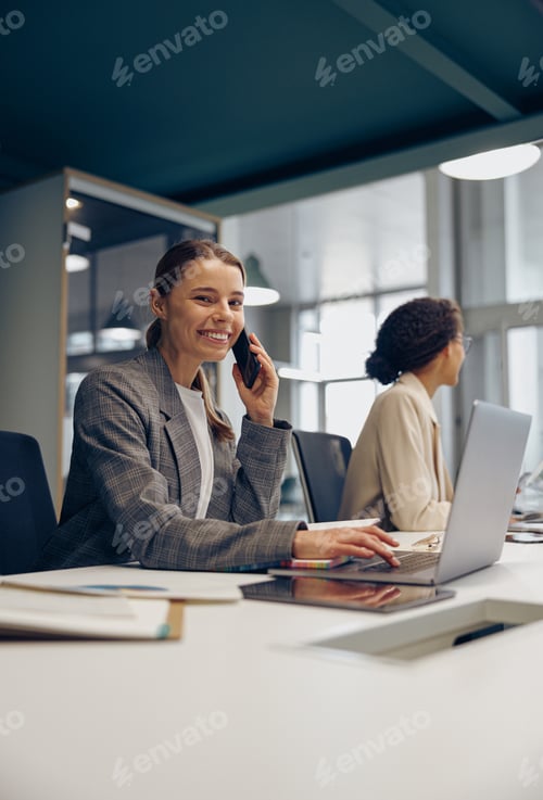 Preview: Stylish business woman working on laptop while sitting in office and talking by phone