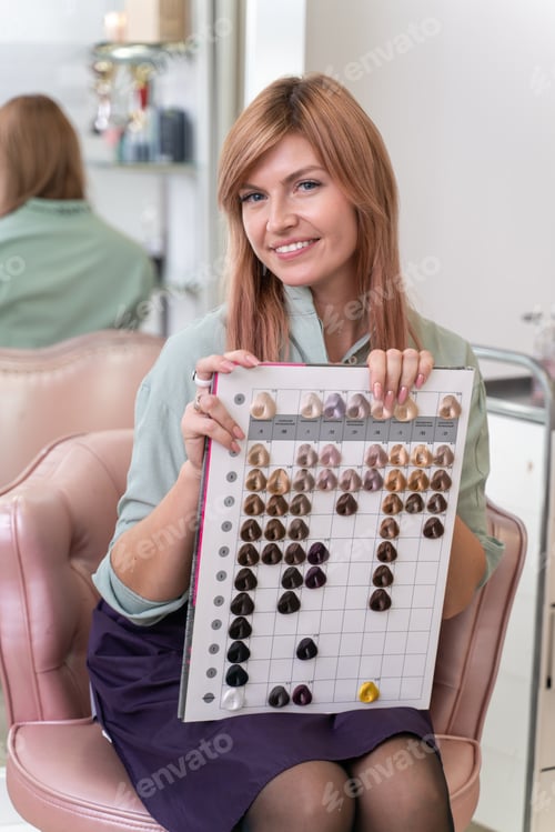 Preview: Hairdresser colorist chooses the color of hair coloring on a palette with curls