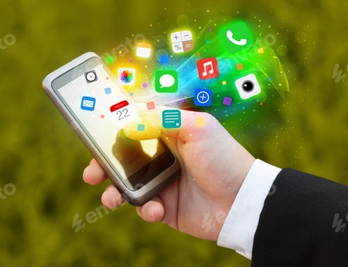 Preview: Hand Holding Smartphone With Colorful App Icons Concept